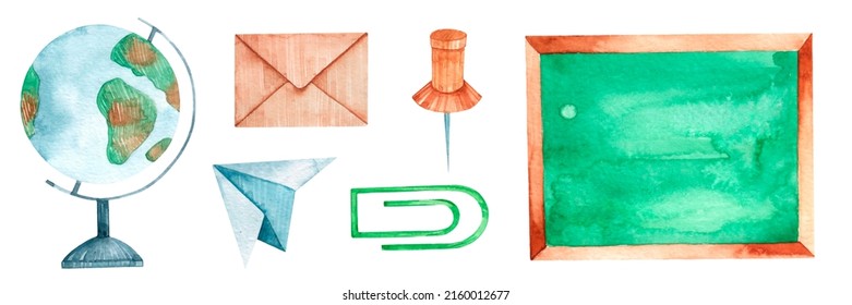 Watercolor Set Of Accessories For Study. Back To School Clipart. September 1. Globe, Envelope, Paper Airplane, Paper Clip, Button, Writing Board. Isolated On White Background.