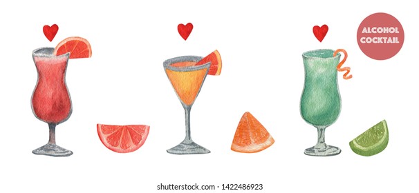 Watercolor set of alcohol cocktails: blue Curacao, Aperol Spritz, Tequila Sunrise. Isolated, high resolution elements for summer menu, invitations, vacation design. - Powered by Shutterstock