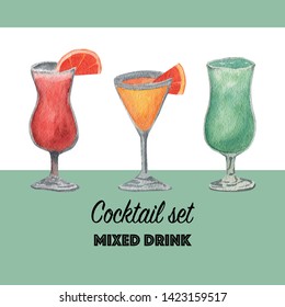 Watercolor set of alcohol cocktails: blue Curacao, Aperol Spritz, Tequila Sunrise. Isolated, high resolution elements for summer menu, invitations, vacation design. - Powered by Shutterstock