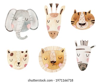 Watercolor set of animal faces of Africa. Elephant, giraffe, tiger, lion, leopard and zebra. Safari animals. Cute illustration.