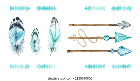 Watercolor Set With Arrows And Feathers. Collection Of Boho Elements For Construction Arrows. Hand Painted Illustration In Tribal Turquoise Style For Print, Logo And Birthday Invitation