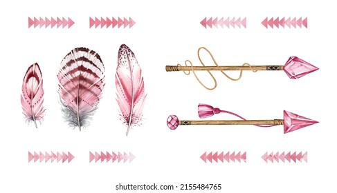 Watercolor Set With Arrows And Feathers. Collection Of Boho Elements For Construction Arrows. Hand Painted Illustration In Tribal Pink Style For Print, Logo And Birthday Invitation