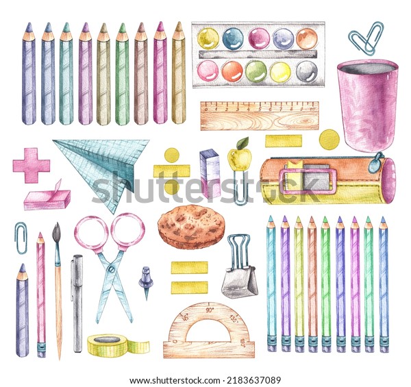 Watercolor set back to school with stationery for\
decorating notebooks, postcards, packaging, patterns, etc. Back to\
school