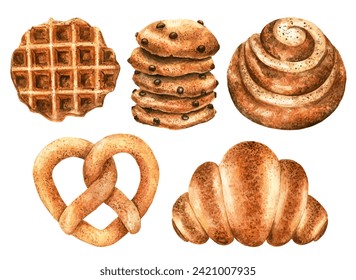 Watercolor set of baking products. Appetizing bun, waffle, pretzel, cookies, croissant. Illustrations for a bakery or cafe isolated on white background. - Powered by Shutterstock