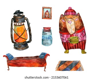 Watercolor Set Of A Bear, A Carpet, A Kerosene Lamp, A Small Sofa And A Can Of Sugar