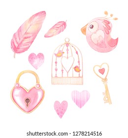 watercolor set with birdcage, pink bird, feather, hearts, heart-shaped lock, key on a white background in cartoon style for design of packaging, textile, paper for Valentine's Day