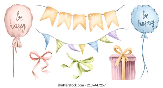 Watercolor set for birthday. A hand-painted balloon in pastel colors, garlands of flags, a gift, a bow, highlighted on a white background. Festive decor for design, print or background.