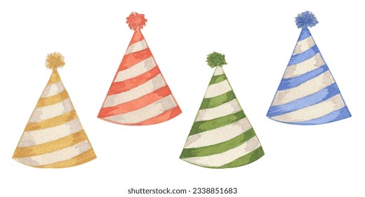 Watercolor set of Birthday party hats. Red, blue, green and yellow party cones. Christmas caps collection in delicate colors. Hand drawn illustration isolated on white.  - Powered by Shutterstock