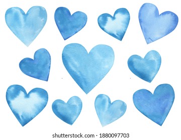 Watercolor Set Of Blue Hearts On White Background