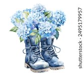 Watercolor set of blue hydrangea bouquet in boots, floral illustration