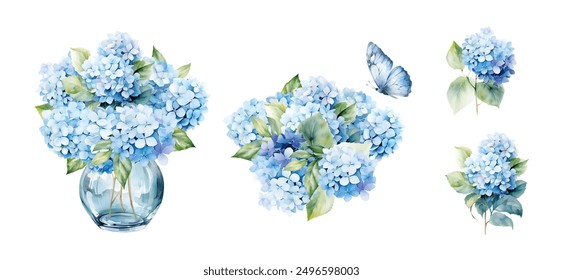 Watercolor set of blue hydrangea bouquets, floral illustration - Powered by Shutterstock