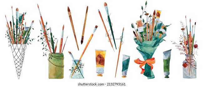 Watercolor set of bouquet of different art elements: brushes, watercolor tube, gouache, different paints and leaves. Bouquet with art supplies. Illustration for art store, wrapping, package, cards - Powered by Shutterstock