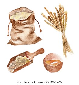 Watercolor Set With Bread, Flour, Wheat 