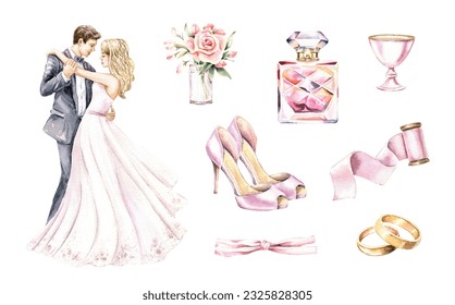 Watercolor set with bride and groom dance, gold wedding rings, perfume, pink shoes, ribbon, vase with flowers. Hand drawn illustration isolated on white background. For invitation, save the date, card - Powered by Shutterstock