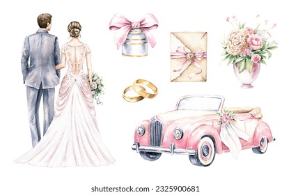 Watercolor set with bride and groom, gold wedding rings, vintage car, envelope, box, vase with flowers. Hand drawn illustration isolated on white background. For invitation, save the date, card design - Powered by Shutterstock