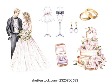 Watercolor set with bride and groom, gold wedding rings, cake, engagement ring, pearl earrings, glasses, peonies. Hand drawn illustration isolated. For invitation, save the date, card design - Powered by Shutterstock