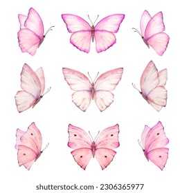 Watercolor set of bright pinkhand painted butterflies. Design for the decoration of postcards, invitations, greeting cards, birthday, souvenirs, weddings. - Powered by Shutterstock