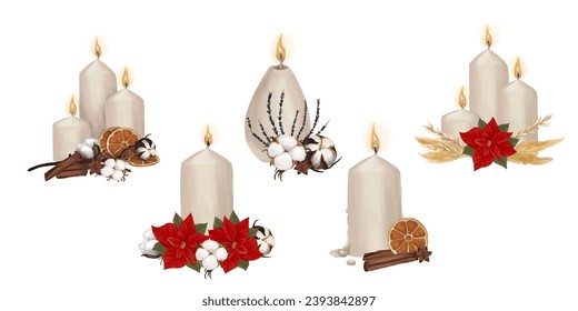 Watercolor set of burning christmas candels compositions with poinsettia, cotton flowers and cinnamon - Powered by Shutterstock