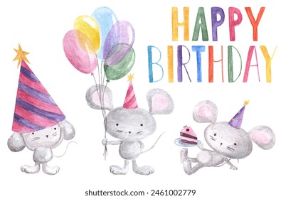 Watercolor set of cartoon mice in party hats holding plate with cake piece,bunch of balloons and written word "happy birthday" as Birthday party isolated elements. - Powered by Shutterstock