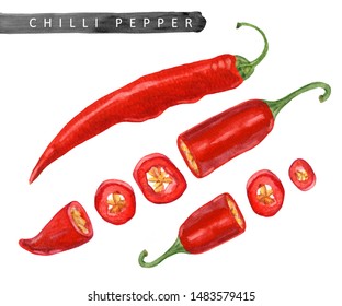 Watercolor Set Of Chilli Pepper Isolated On White Background