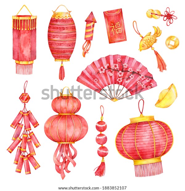 中国の新年の祝日記号の水色セット 赤ちょうちん 花火 結び目飾り コイン 花火 オレンジ 花 封筒に絵文字符を翻訳したもの のイラスト素材