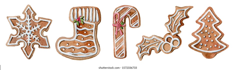 Watercolor  Set Of Christmas Ginger Cookies. Homemade Cookies For The New Year. Seasonal Clipart