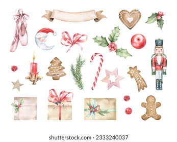 Watercolor set with Christmas toys. Nutcracker clipart, soldier, ballet, holly. Hand drawn illustrations isolated on white background. Winter holiday vintage decor - Powered by Shutterstock