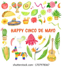 Watercolor set and Cinco de Mayo celebration in Mexico  icons set  design element  Collection objects for Cinco de Mayo parade and pinata  food  sambrero  cactus  guitar  mexican flowers  Hand drawn