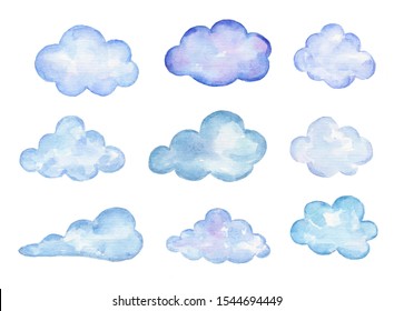 Watercolor Set Of Clouds Isolated On White Background.