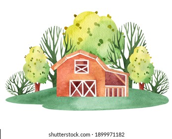 watercolor set collection farm houses and trees