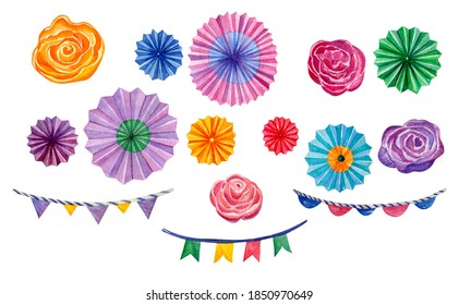 Watercolor Set Of Colored Paper Fans, Garlands Of Flags And Roses. Mexican Holiday 