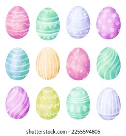 Watercolor set of colorful Easter eggs with ornament. Happy Easter art isolated on white background. Collection of hand drawn pastel Easter eggs. - Powered by Shutterstock