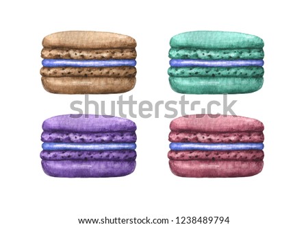 Watercolor set of colorful macaron (macaroon) with blue berry cream - milk chocolate cake, green, purple and red. French cake. Isolated. Side view.