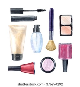Watercolor Set Of Cosmetics. Hand Drawn Elements On The White Background