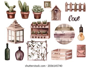 Watercolor Set Country Elements Flowers Leaves Ranunculus Cactus House Number Wood Watch Mailbox Birdhouse Fence Lightbulb Green Bottle Wood Box Lamp Flashlight Vase 