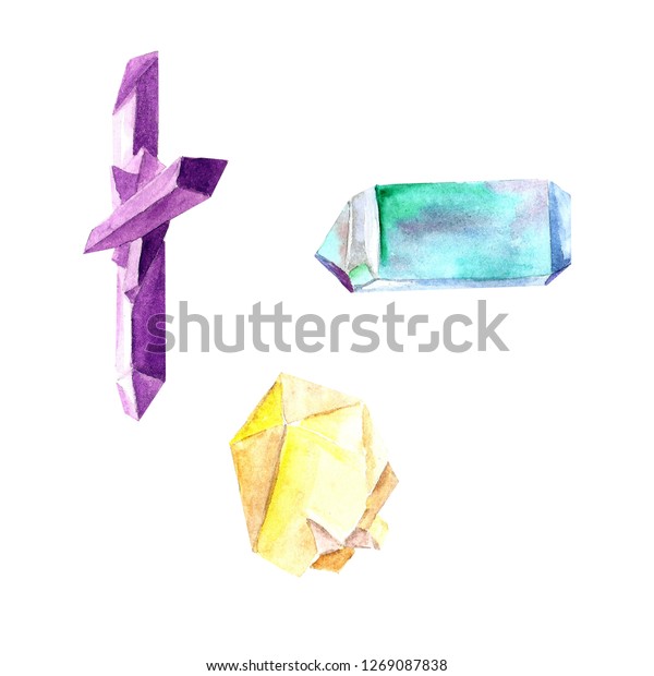 Watercolor set of crystals, ore, glass, bright isolated. hand-drawn. 