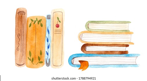 watercolor set of cute books isolated on white background for postcard, logo,  invitations, greeting cards, business card. Watercolor autumn books clipart