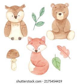 Watercolor Set Of Cute Forest Woodland Animals, Bear, Fox, Owl, Leaves, Mushroom