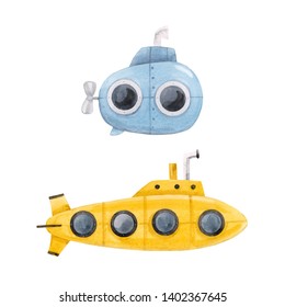 Watercolor Set Of Cute Isolated Illustrations. Yellow And Blue Submarine. Bathyscaphe