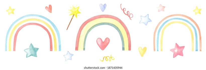 Watercolor set of cute rainbow with hearts,stars,magic wand on white background.Color Watercolour illustration for print,greeting card,kids textile.