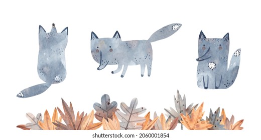 Watercolor set of cute wolf cubs. Fallen foliage for your design. 