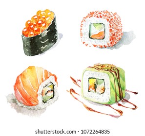 Watercolor Set Of Different Kinds Of Sushi