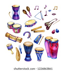 Watercolor Set Of Different Traditional Ethnic Percussion Instruments