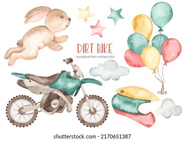 Watercolor set and dirt bike  bunny racer  balloons  helmet  stars  clouds
