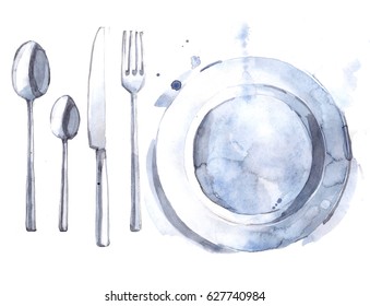 Watercolor Set With Dishes. Plate, Fork, Knife, Spoon,