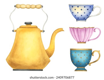 Watercolor set of dishes. Vintage yellow teapot and elegant tea cups. Antique kitchen utensils. Isolated illustrations on white background - Powered by Shutterstock