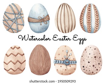 Watercolor set of Easter eggs. Hand-drawn objects isolated on white background. In handmade style. Idea for Easter greeting cards, banners, invitations, covers, blog design. Festive Easter eggs