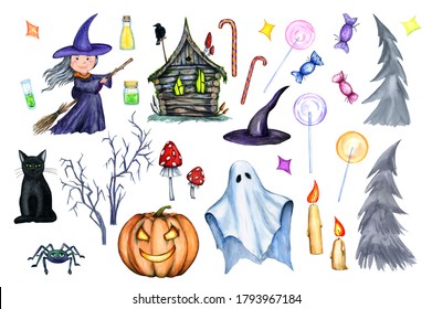 Watercolor Set Elements Halloween Day Isolated On A White Background. A Witch, A Wooden Hut, A Creepy Pumpkin, Dry Trees, A Black Cat, A Ghost, Toadstools, Sweets, Stars, Candles. Mysticism. Horror