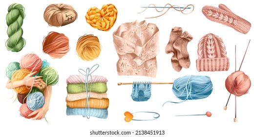 watercolor set of elements for knitting. balls of yarn, skeins, knitted socks, mittens, sweater, knitting needles, knitted basket crochet hook. hobby, handmade. isolated on white. Logo design