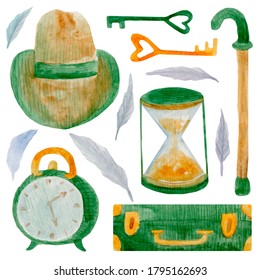 
Watercolor Set Of Elements On Isolated White Background With Vintage Suitcase, Hat, Walking Stick, Hourglass, Vintage Alarm Clock, Keys, Feathers